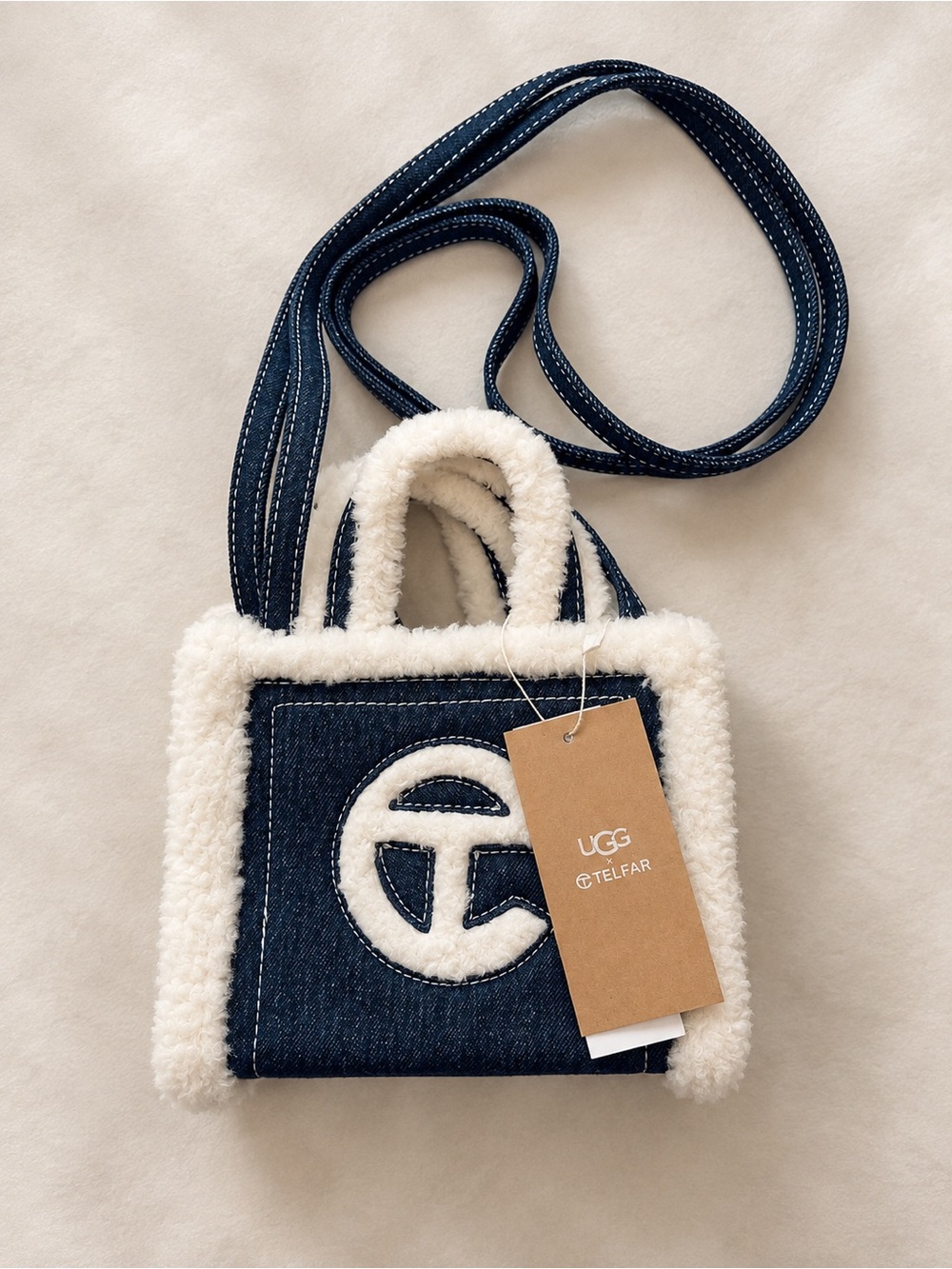 UGG x TELFAR Small Shopping Bag Denim Sherpa Cream Crossbody Tote NWT